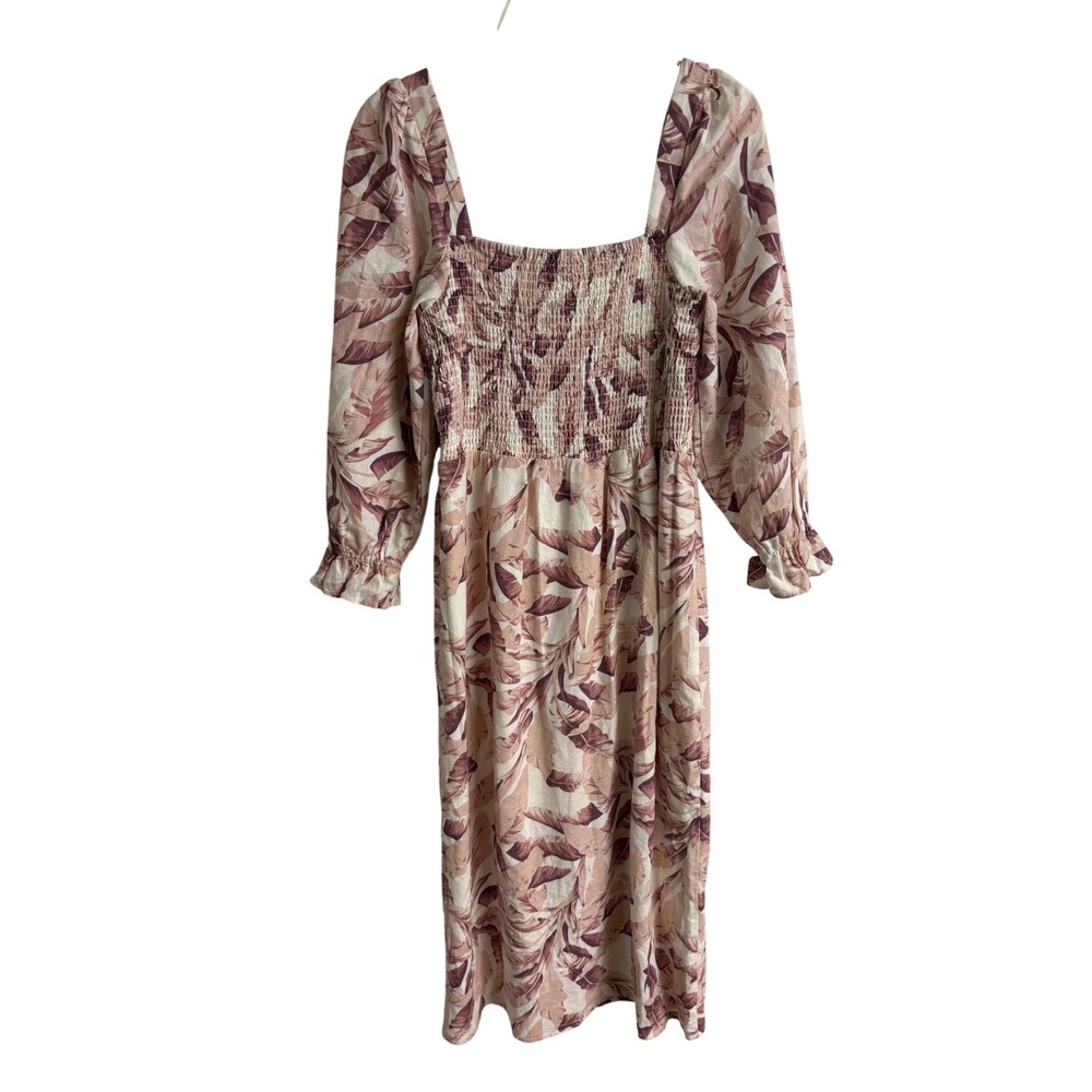 House of Harlow 1960 Women Smocked Tropical‎ Leaf Midi Dress Linen Blend Size M